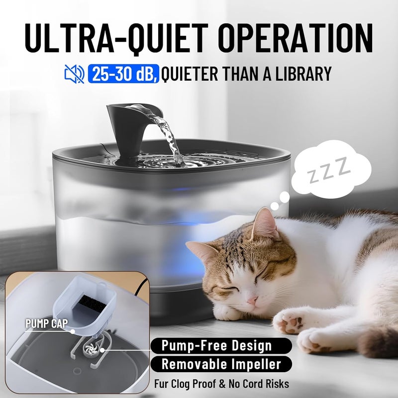 Veken Cat Water Fountain with Detachable Tank, Easy to Clean & Assemble, 84oz/2.5L Pet Drinking Dispenser with Quiet Operation & LED Light, Gifts, Cats, Dogs and Small Pets, Black - Image 3